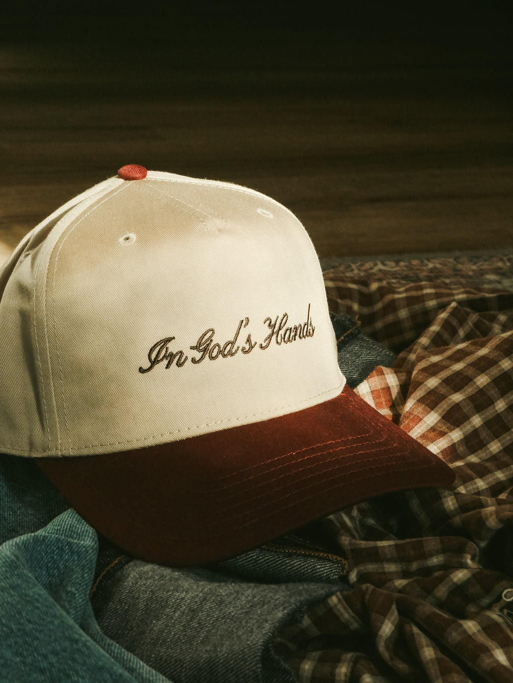 "In God's Hands" Cursive Classic Cap (Burgundy Red)