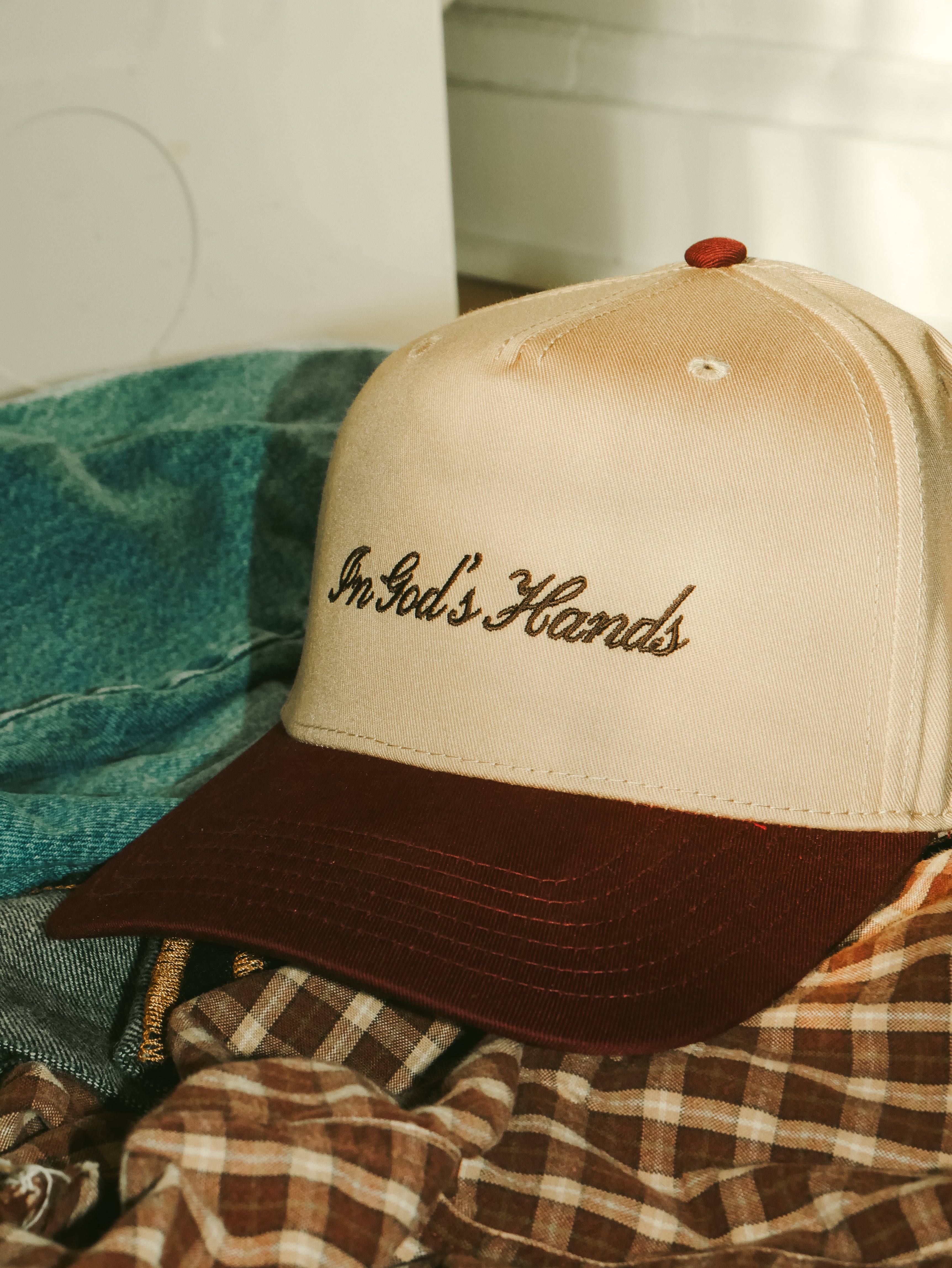 "In God's Hands" Cursive Classic Cap (Burgundy Red)
