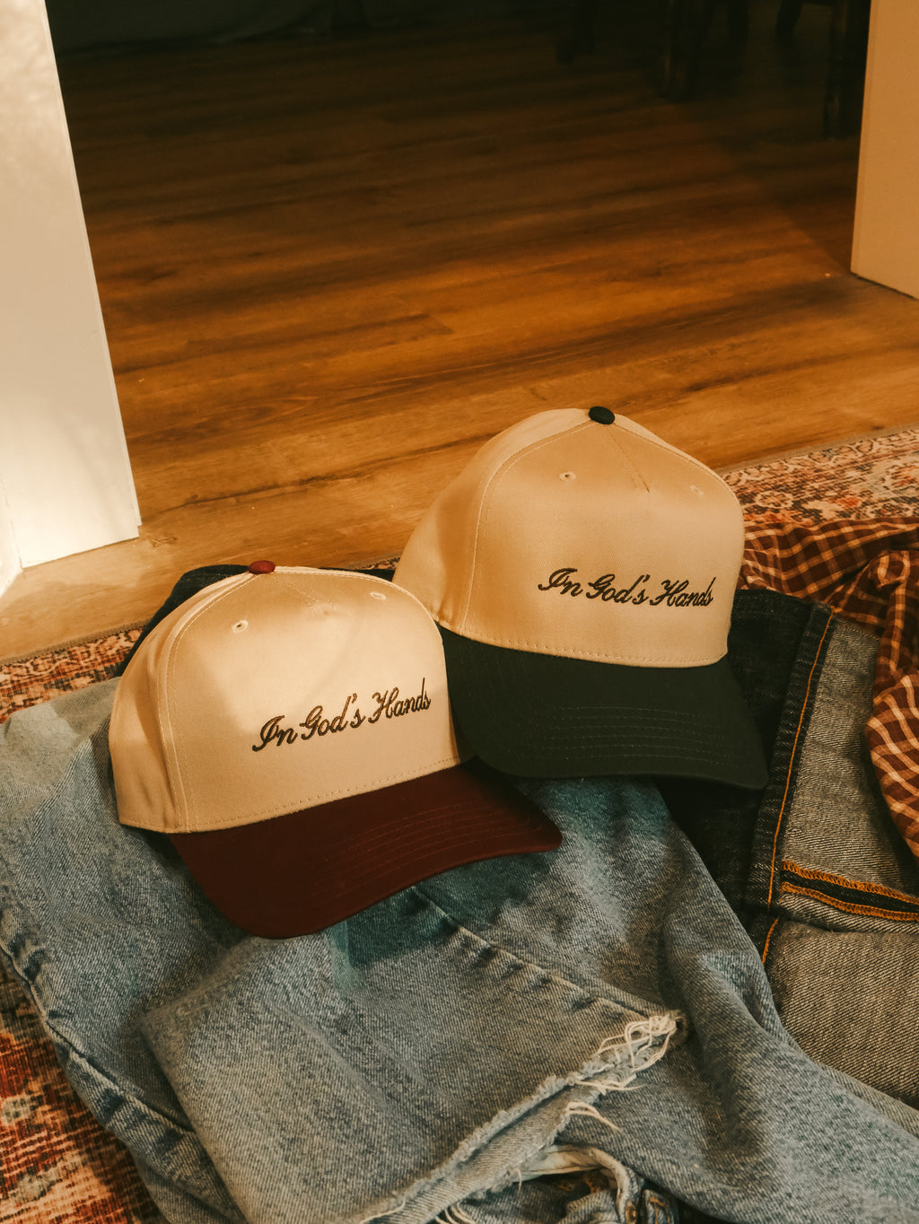 "In God's Hands" Cursive Classic Cap (Burgundy Red)